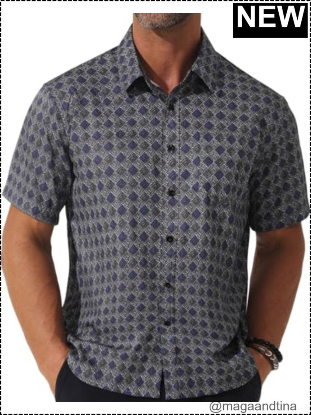 Mens Printed Short Sleeve Button Down Dress Shirt Regular Fit Stretch